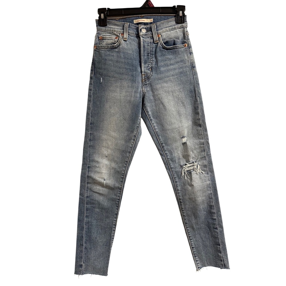Levis Wedgie Skinny Distressed High Rise Blue Jeans Button Fly Size 24 Raw Hem
